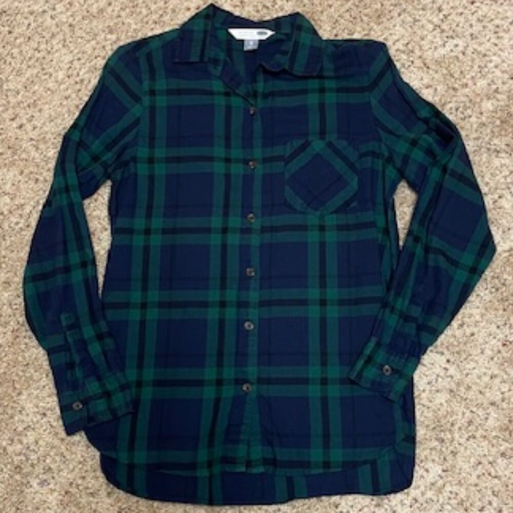 Old Navy Classic Green/Navy Plaid Lightweight Flannel Button Down Shirt - XS